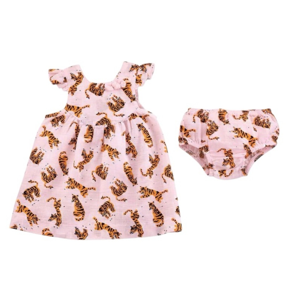 Mudpie | Pink Tiger Muslin Dress+Bloomer Set